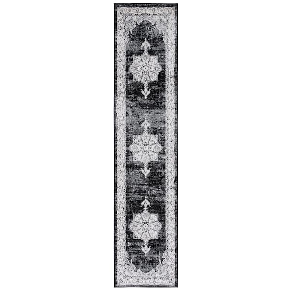 Brentwood 2 ft. x 9 ft. Ivory/Black Medallion Floral Border Runner Rug