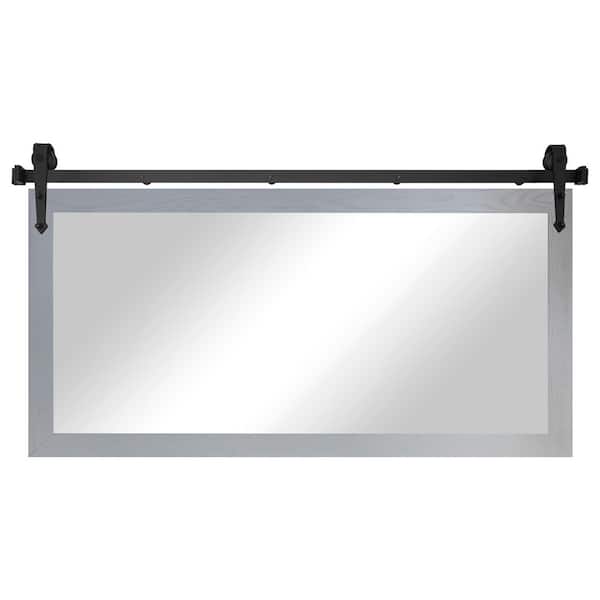 (66 in. W x 33 in. H) Grey Ozark Hardwood Mirror With Steel Barn Door Rail