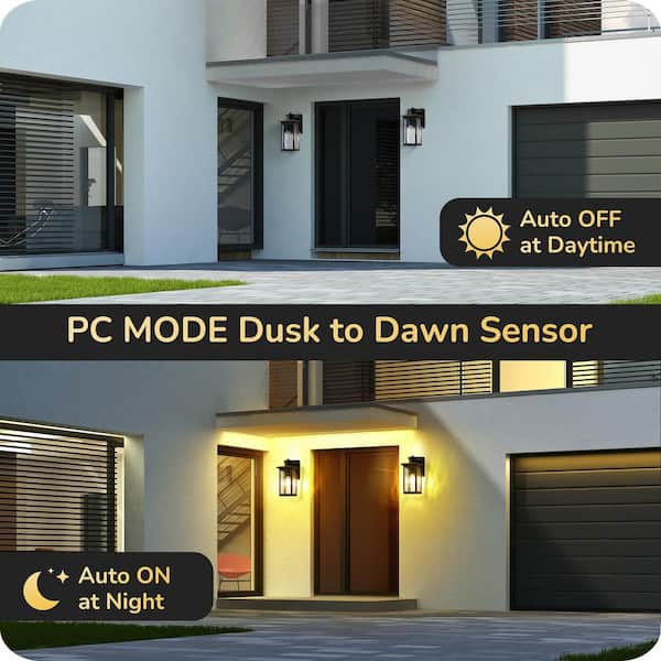 11.8 in. Black Motion Sensing Dusk to Dawn Outdoor Hardwired Wall Light Lantern Scone with Built-in 2 GFCI Outlet