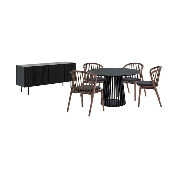 Armen Living Pasadena Echo 6-Piece Round Black Wood Top Dining Room Set Seats 4