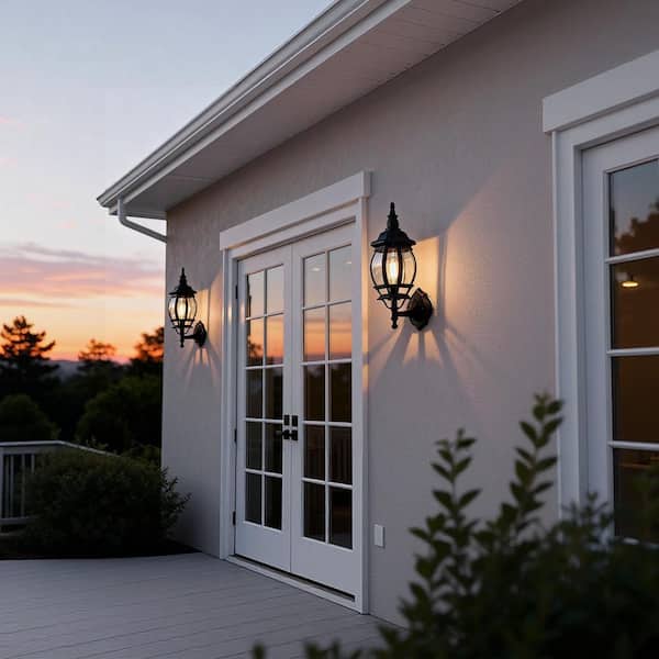 20 in. 1-Light Matte Black Castle-Style Outdoor Lantern Wall Sconce With Light Sensor for Patio(2-Pack)