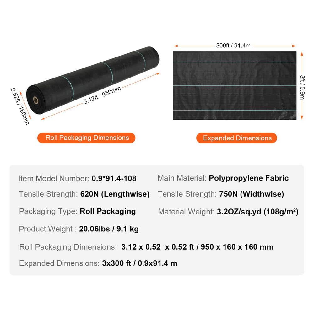 VEVOR Black Heavy Duty Polypropylene Weed Barrier Fabric Roll