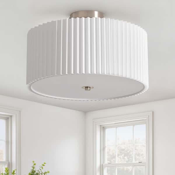 15.7 in. 3-Light Brushed Nickel Semi-Flush Mount Ceiling Light with Pleated Drum Shade