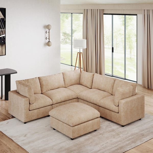 Magic Home 100 in. Square Arm 6-Piece Chenille L-Shaped Sectional Sofa Rearrangeable Solid Wood Cloud Couch in Khaki with Ottoman