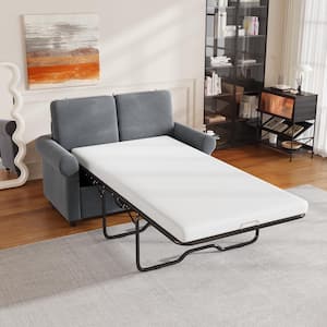 84.2 in. W Gray Velvet Twin Size Rectangle 2-Seat Convertible Sofa Bed with Mattress Pad