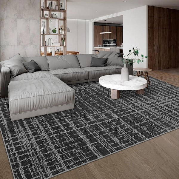 Black 10 ft. x 13 ft. Anti-Slip Grid Print Rug Modern Machine Washable ...