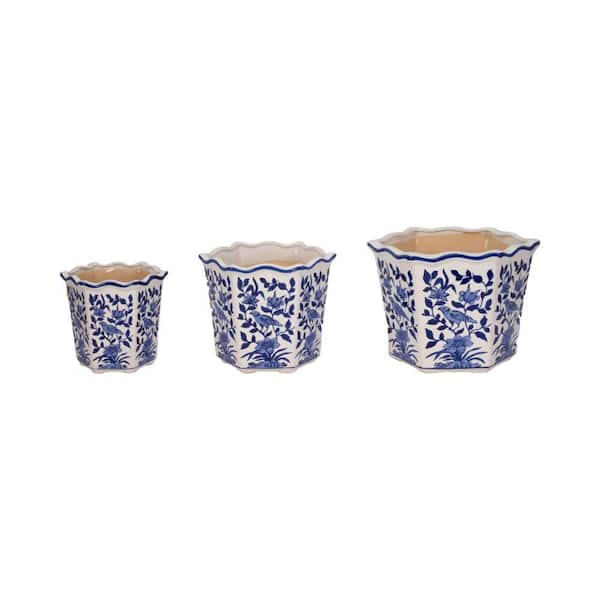 8 in., 10 in., and 12 in. Blue Ceramic Chinoiserie Bird Decorative Planters (Set of 3)