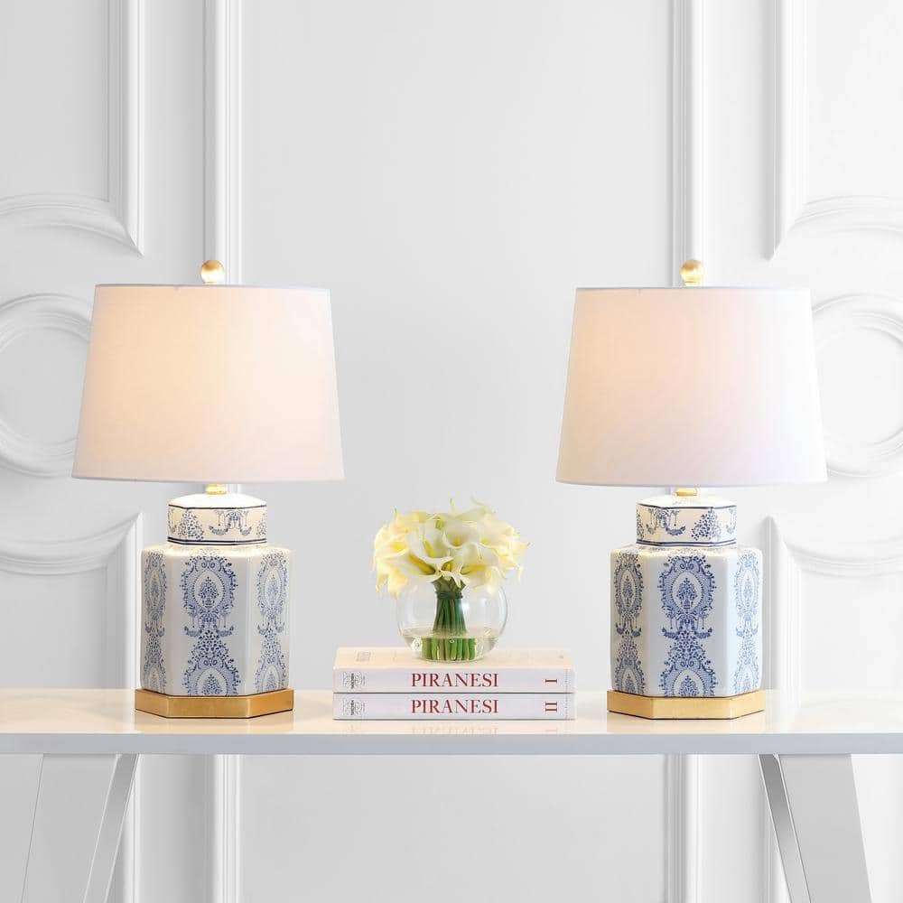 Bodin Blue and White Ceramic Table Lamp Set with Gold Leaf Finish