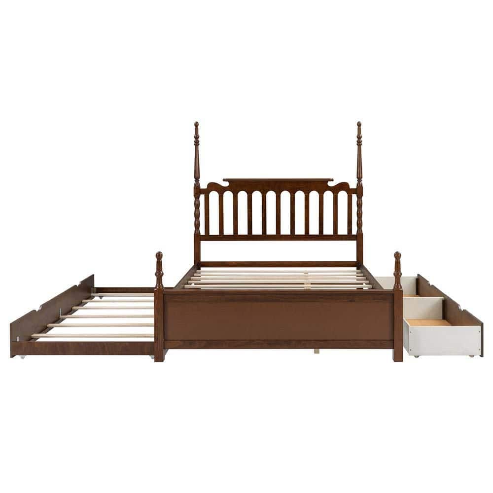 Walnut Brown Wood Bed Frame with Spindle Headboard, Queen Size Platform Bed with Twin XL Trundle and 2 Storage Drawers
