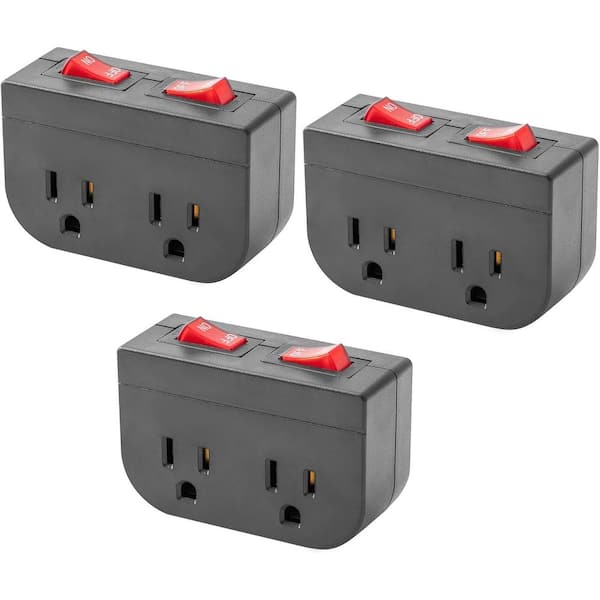 2-Outlet Grounded Electrical Plug Switch On/Off Switch & 1875W/15A in Black (3 Pack)