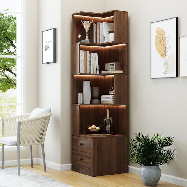 Makeo 68.9 in. Tall Walnut Wood 4-Tier Corner Storage Bookcase with Baffle and 2-Drawers