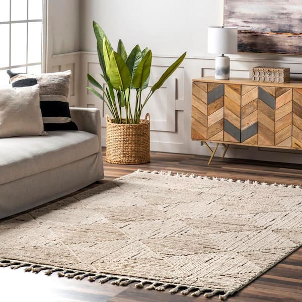 Kerry Beige 8 ft. x 10 ft. Geometric Tasseled Area Rug