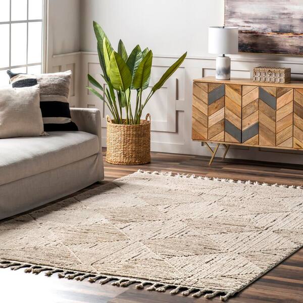 Kerry Beige 9 ft. x 12 ft. Geometric Tasseled Area Rug