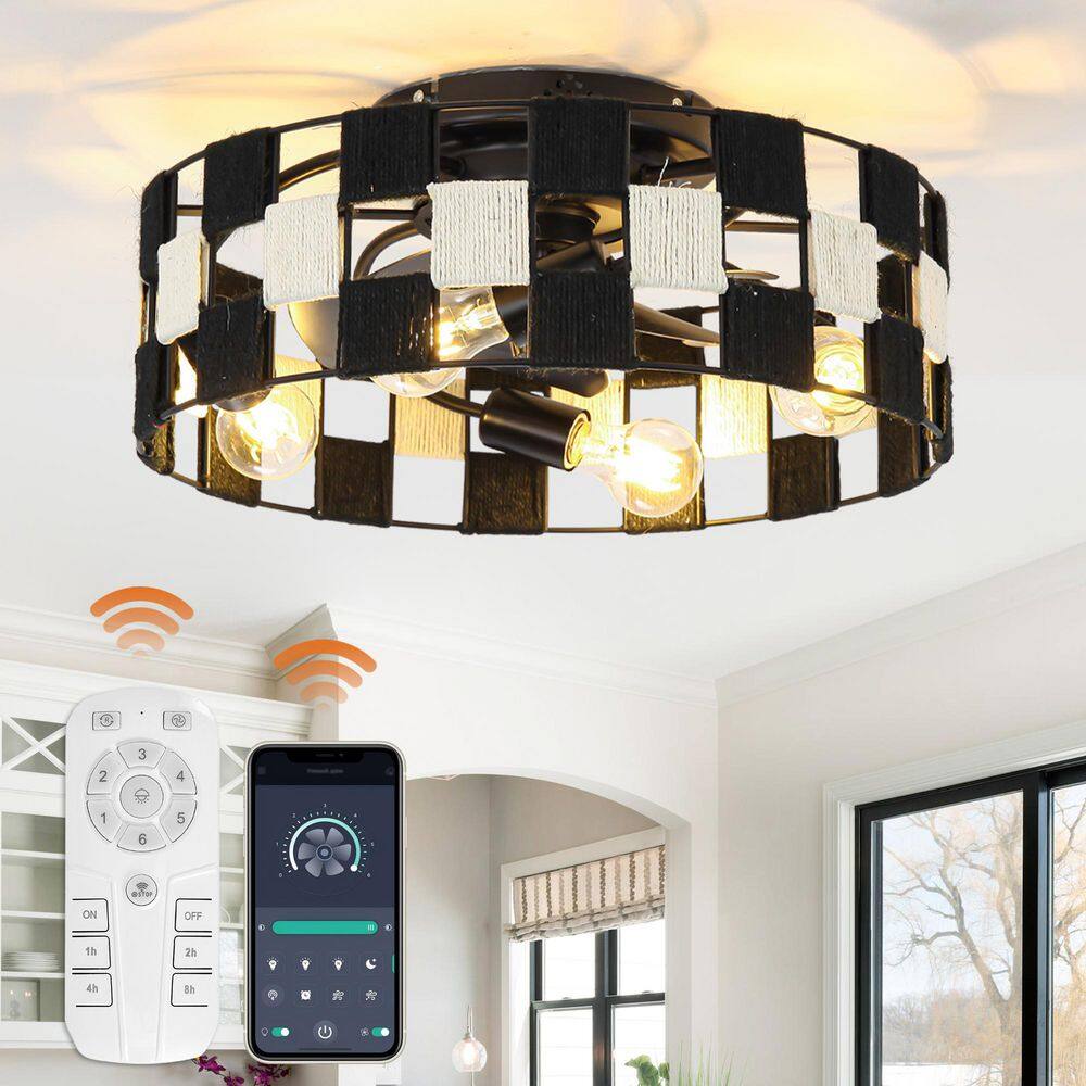Fan Ger Rpe 17.72 in. Indoor Matte Black Rattan Hemp Rope Flush Mount Ceiling Fan ...