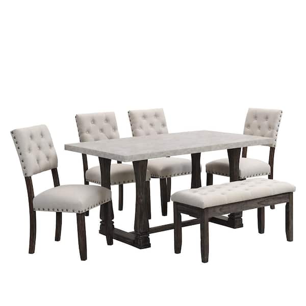 Clihome 6-Piece Dining Furniture Set, 60 in. MDF Top Dining Table for 6 People,4 Chairs with Backrest,2-Person Tufted Seat Bench