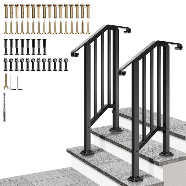 VIVOHOME 2-Pack 2 Step 36 in. H x 27 in. W Black Wrought Iron Stair Railing Kit with Curved Ends and Safty Balusters