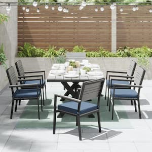 Orville Gray 7-Piece Aluminum Outdoor Dining Set with Navy Blue Cushions
