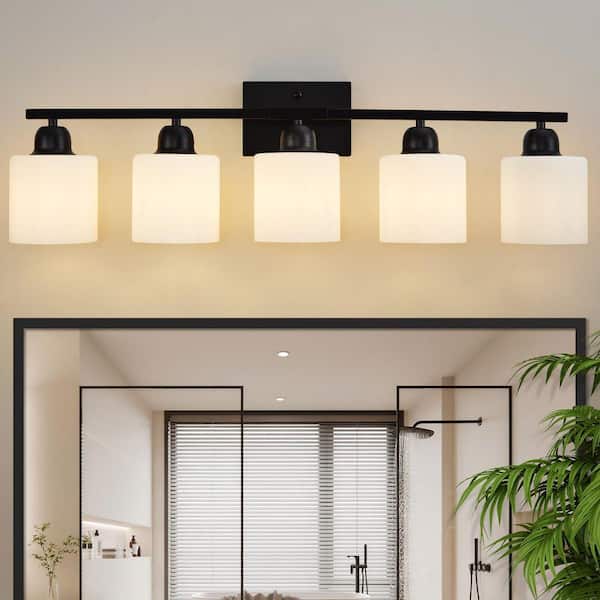 32 in. 5-Light Black Modern Vanity Light Wall Lamp Sconce Over Mirror with Frosted Milky White Glass Shade