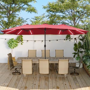 15 ft. Iron Market Patio Umbrella in Red with Base and Solar LED Strip Lights