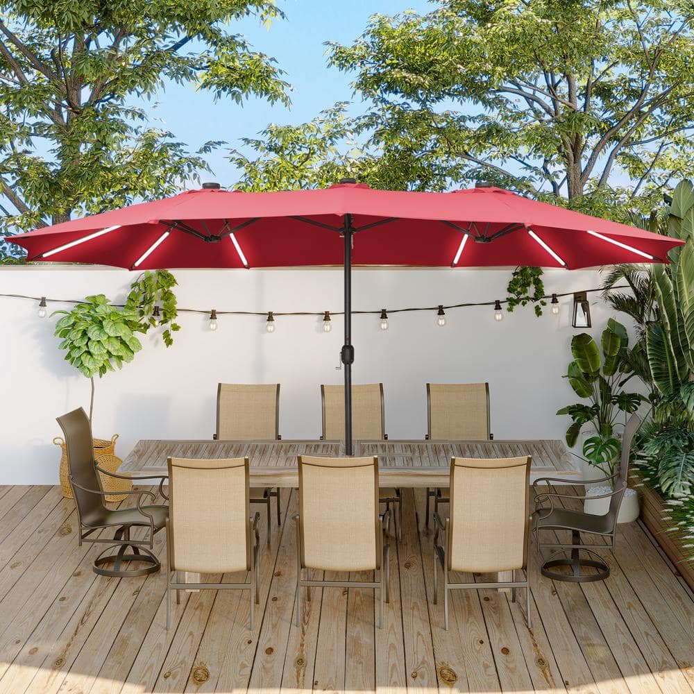 15 ft. Iron Market Patio Umbrella in Red with Base and Solar LED Strip Ligh