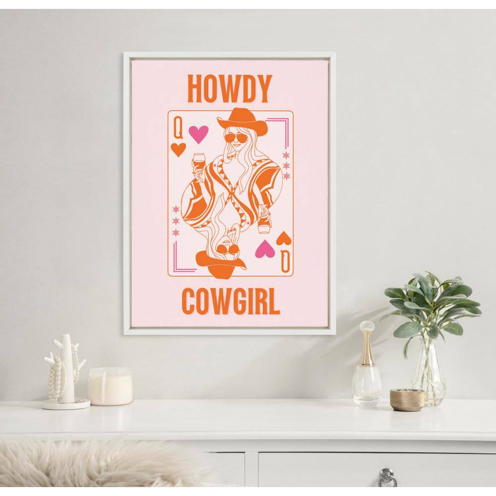 Kate & Laurel All Things Decor 18"x24" Sylvie Howdy Cowgirl Pink Orange Framed Canvas by Honey Island Studio White