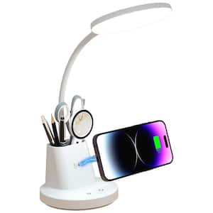 21 in. White Dimmable Integrated LED Goose Neck Desk Lamp with Wireless Charger and Pen Holder