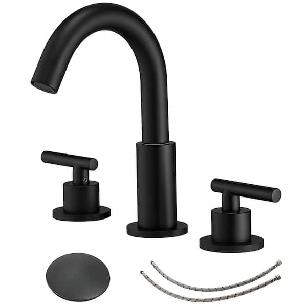 FLG 8 in. Widespread Double Handle Bathroom Faucet 3 Holes Sink Basin Faucets with Pop-up Drain Assembly Kit in Matte Black