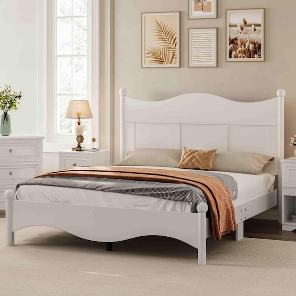 White Frame Queen Platform Bed with Wooden Slat Support