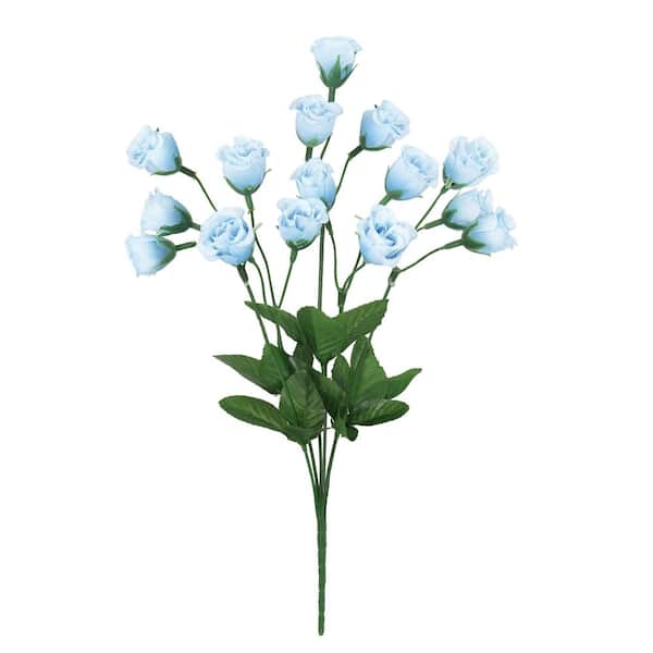 LIVING LUXURY 14 in. Baby Blue Artificial Mini Rose Bud Flower Stem Bush Bouquet (Set of 12)