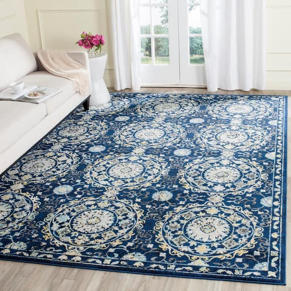Evoke Navy/Ivory 9 ft. x 12 ft. Floral Border Circles Area Rug