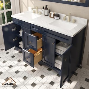 60 in. W x 22 in. D x 35.4 in. H Double Sink Solid Wood Bath Vanity in Navyblue with White Natural Marble Top and Mirror