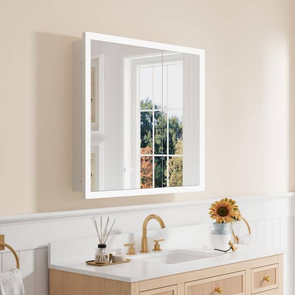 36 in. W x 32 in. H Rectangular Aluminum Medicine Cabinet with Mirror, Anti-Fog, 3-Color, 3X Magnifier, Soft Close Door