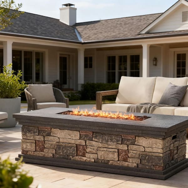 56.25 in. Rectangle Outdoor MGO Concrete Patio Fire Pit Table in Stone Gray