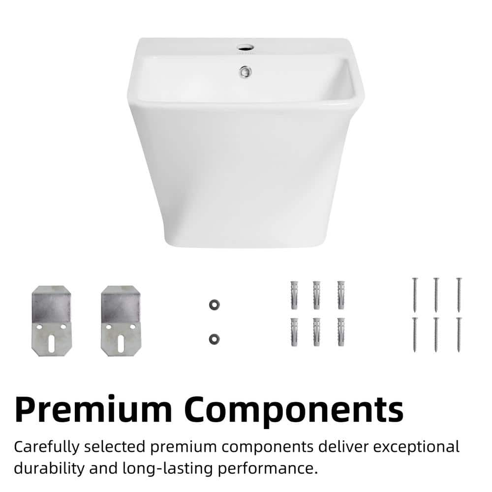 Glossy White Ceramic Wall-Mount Rectangular Vessel Sink with Stainless Steel Drain