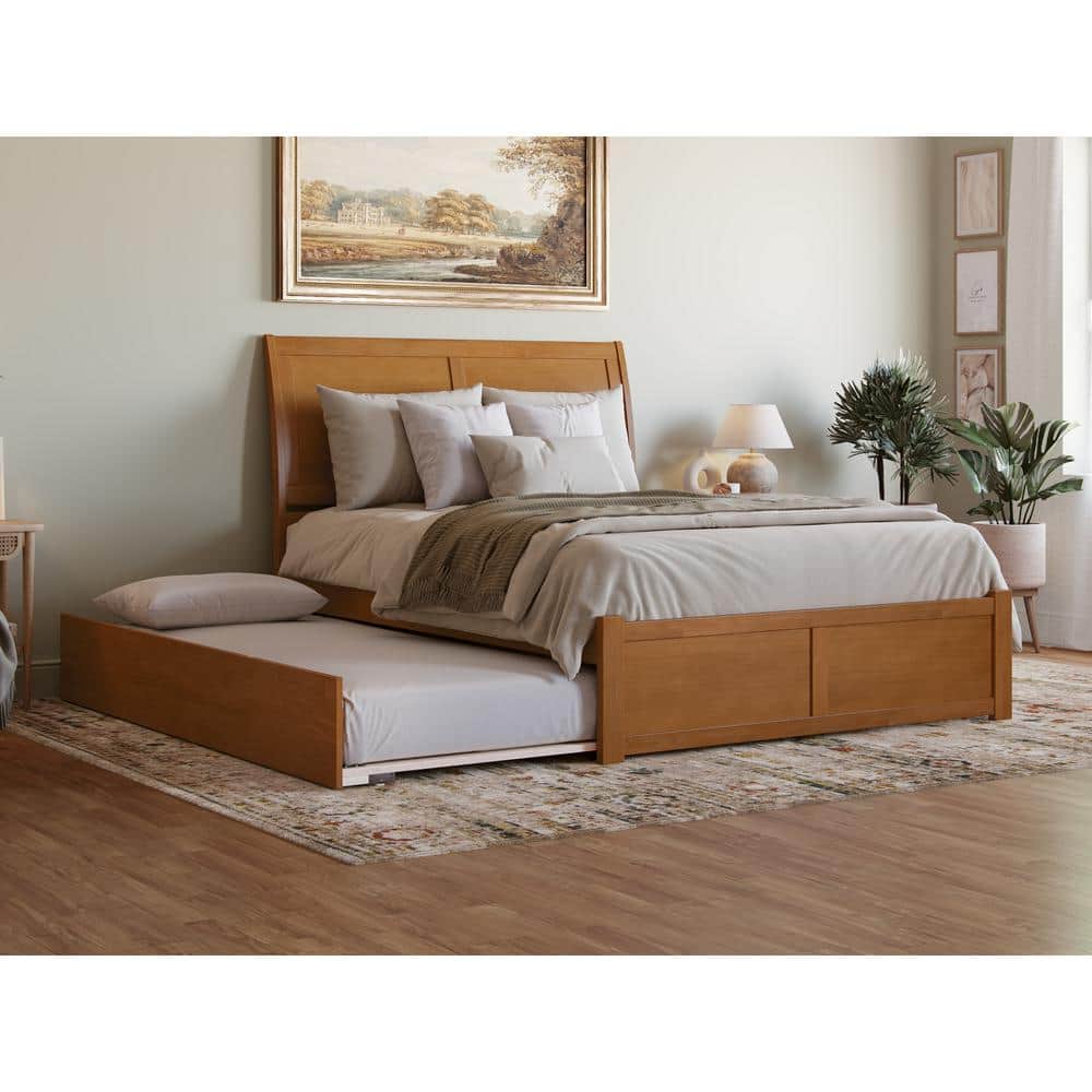 Light Toffee Queen Wood Platform Bed with Trundle and Headboard