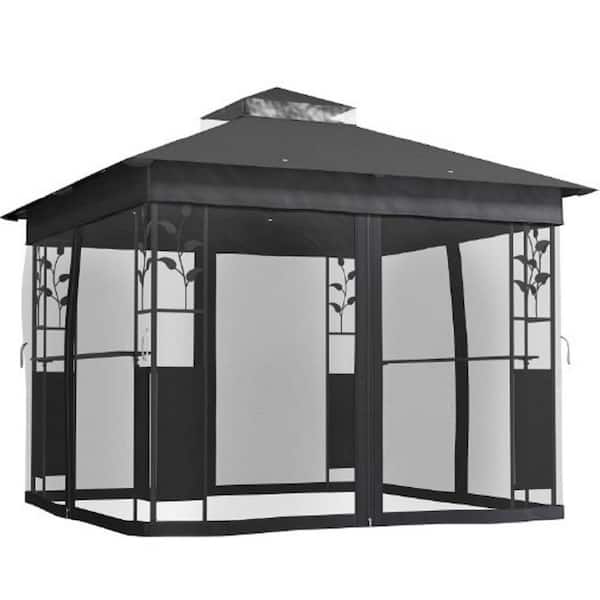 10 ft. x 10 ft. Metal Double Roof Patio Gazebo with Shelves and Netting for Lawn, Backyard and Deck, Dark Gray