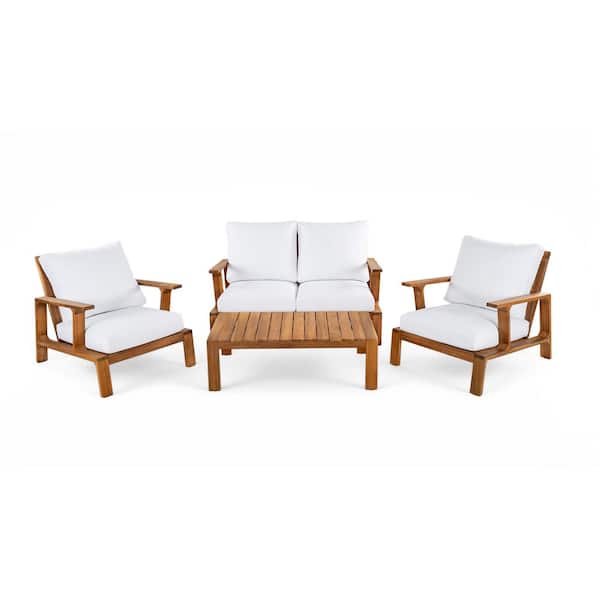 4 Pieces Teak Wood Outdoor Sectional Sofa Set with White Cushions and a Coffee Table
