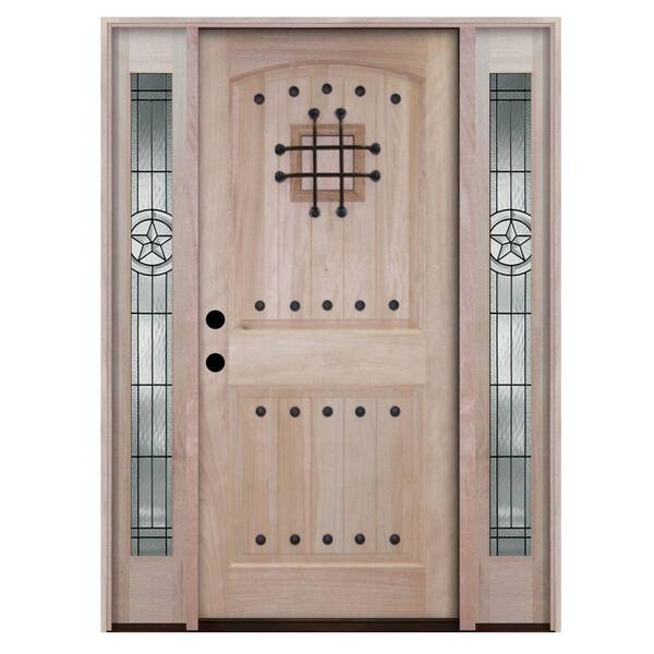 Steves & Sons Rustic 2-Panel Speakeasy Unfinished Mahogany Wood Prehung Front Door with Sidelites-DISCONTINUED