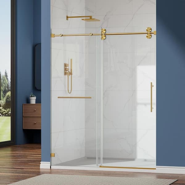 50-54 in. W x 76 in. H Single Sliding Frameless Shower Door Brushed Gold 3/8 in. Clear Glass with 1-Towel Bar and Handle