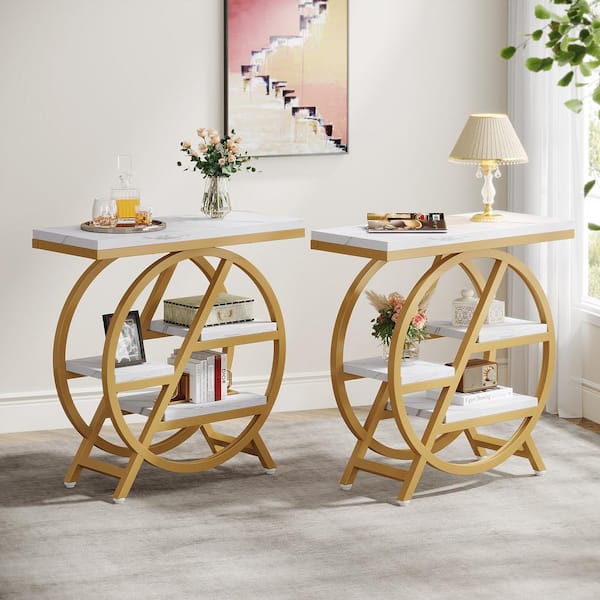 BYBLIGHT 25.59 in. Gold Rectangle Engineered Wood End Table, 3-Tier Narrow Side Table with Storage, Set of 2