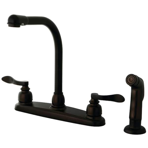 Kingston Brass NuWave French 2-Handle Deck Mount Centerset Kitchen Faucets with Side Sprayer in Oil Rubbed Bronze