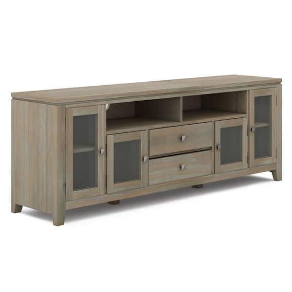 Simpli Home Cosmopolitan 72 in. Wide Solid Wood Contemporary TV Media Stand in Distressed Grey for TVs Up To 80 in.
