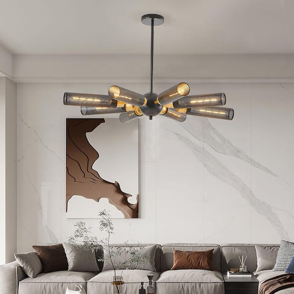 8-Light Black and Gold Metal Mesh Shades Chandelier for Dining Room, Living Room-Adjustable Height (Bulb Not Included)