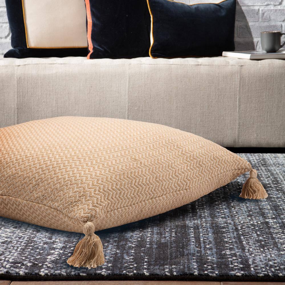 Beige Chevron Tassel Square Handcrafted Floor Pillow, 30'' x 30''
