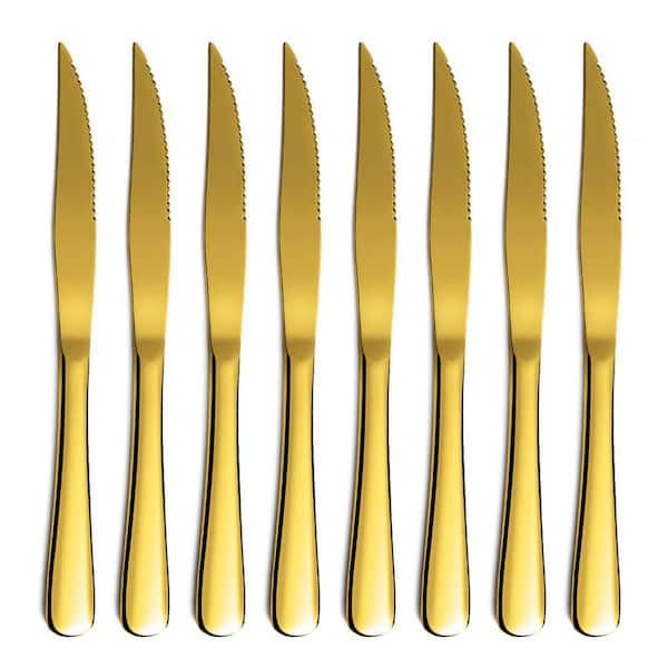 Set of 8 Gold Serrated Steak Knives with Titanium Plated Stainless Steel Blades, Dishwasher Safe