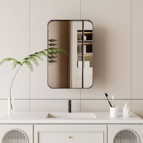 Unbranded 15.74 in. W x 23.6 in. H in. Recessed Rectangle Black Metal Framed Medicine Cabinet with Mirror and Adjustable Shelves