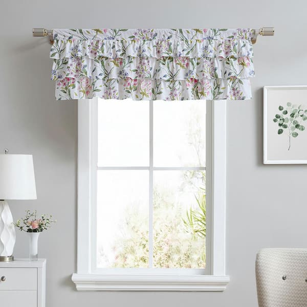 Laura Ashley 50 in. x 18 in. Meadow Breeze Ruffled Bright Purple Floral Cotton Pole Top Valance