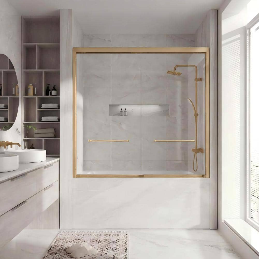 "56"" to 60"" W x 58"" H Framed Double Sliding Bathtub Shower Door in Brushed Glod with Clear Glass" price history on PriceWatchPro