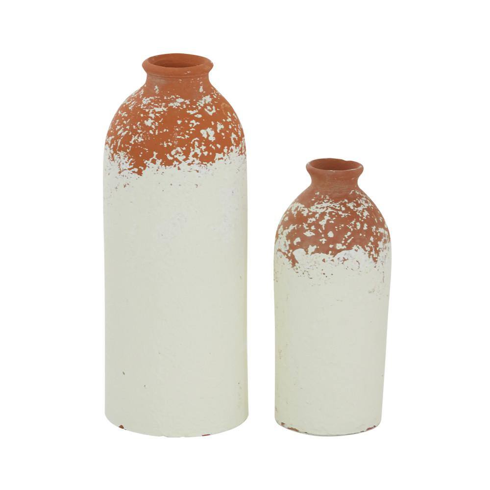 Set of 2 White and Terracotta Ceramic Bottle-Shaped Vases