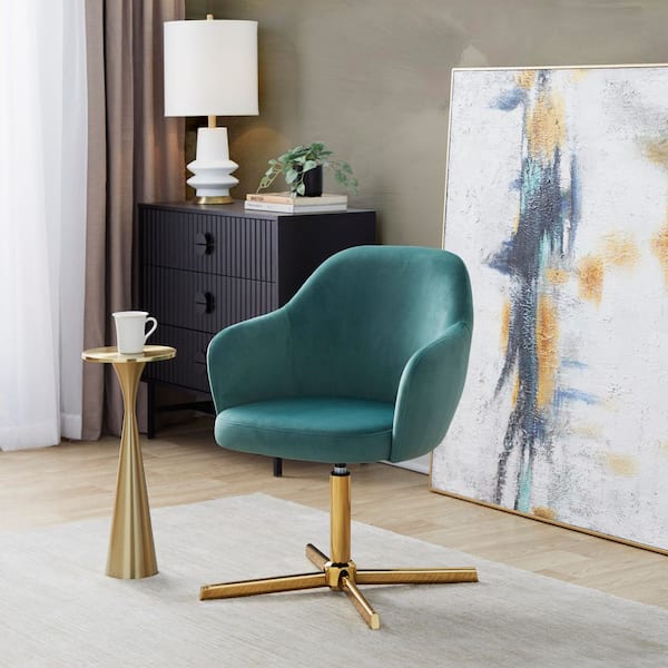 Buena Green Velvet and Chrome Gold Metal Swivel Accent Chair